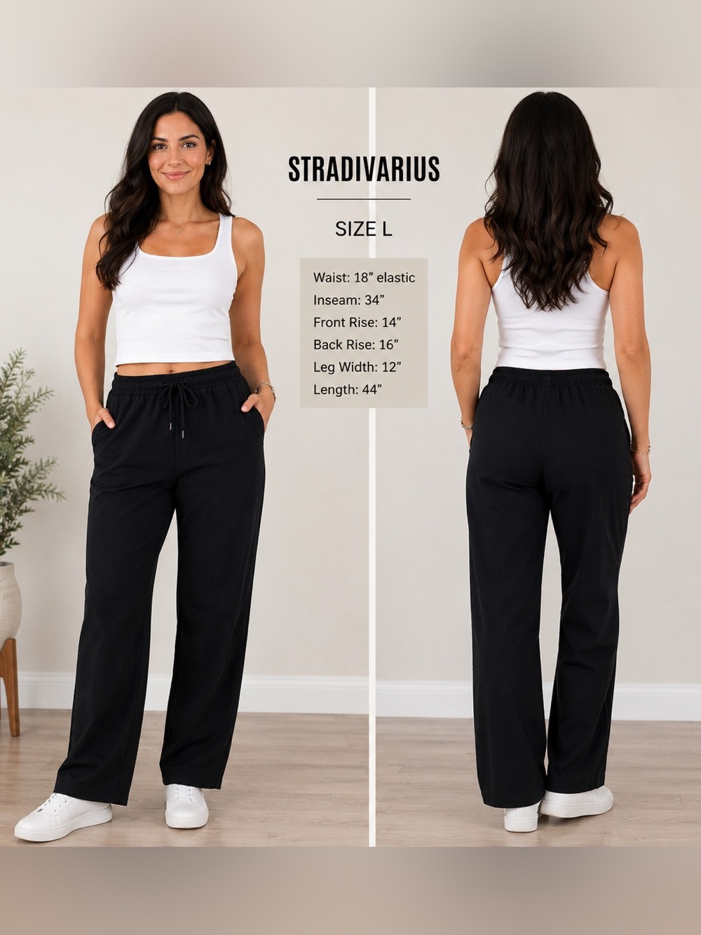 Stradivarius Women’s Black Pull-On Straight Leg Pants Size L Elastic Waist
